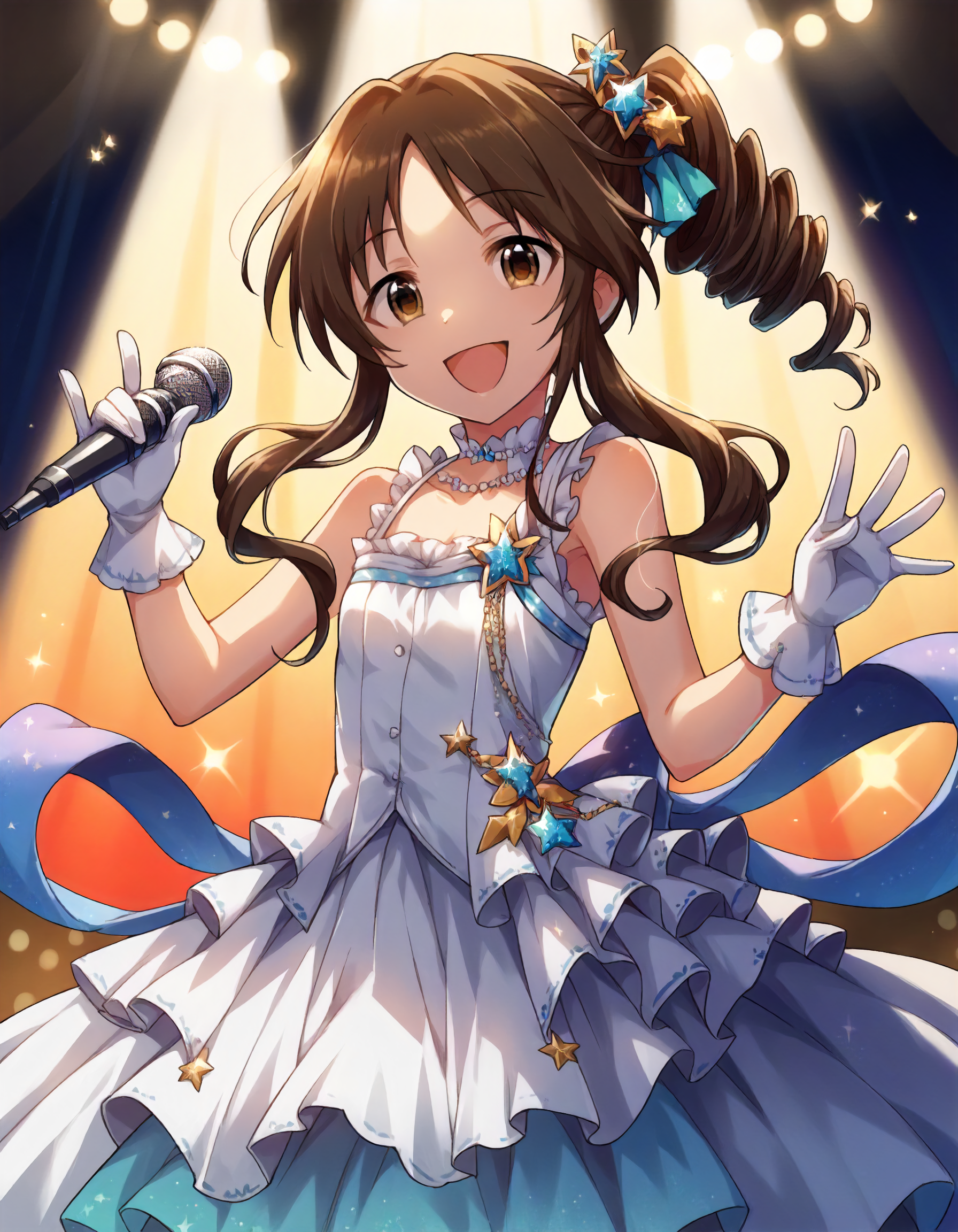 score_9,score_8_up,score_7_up,1girl,solo,cowboy shot,looking at viewer,smile,open mouth,holding microphone,stage lights,
<lora:takamoriaiko_ponyXLV6:0.8>,cgtka,
brown hair,side drill,sidelocks,brown eyes,flat chest,
white dress,sleeveless,frills,white gloves