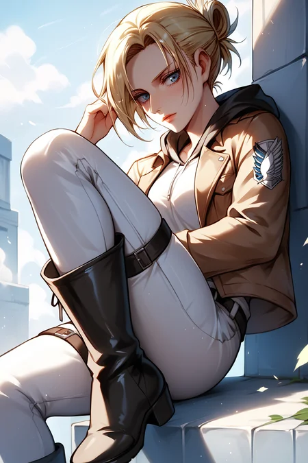 score_9, score_8_up, score_7_up, BREAK source_anime, <lora:annie leonhardt-PonyXL-lora-Faxtron:0.8> annie leonhardt, single hair bun, white hoodie, open cropped brown jacket, white pants, thigh strap, survey corps \(emblem\), knee boots,