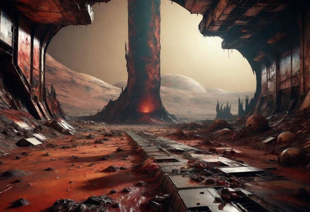 EdobHorrorLandscape,
A landscape of a deserted mars base,
hopeless, nightmare, 
trash, corpses, blood,
HDR, HD textures, intricated details, 8k,