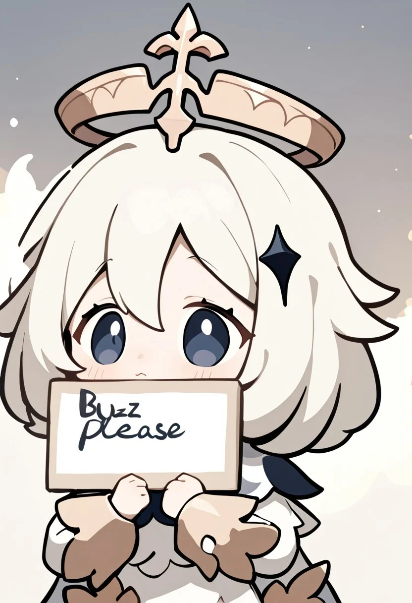 ,chibi,1girl,solo,paimon \(genshin impact\),<lora:123rodosi-00008:1>, masterpiece, best quality, very aesthetic, absurdres,holding sign with text "buzz please",