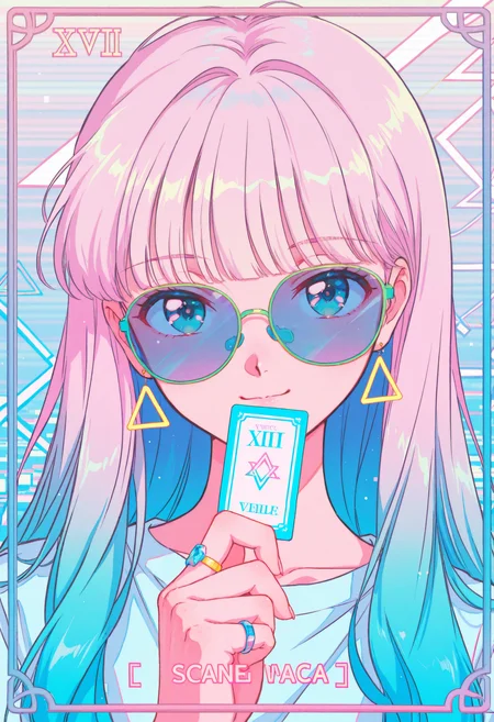 (incredibly_absurdres, amazing_background, best quality, pastel_colors, colorful_theme, gradient, (grainy_texture:1.4), vaporwave, very aesthetic, soft_lighting, 1990s_(style), retro_artstyle, anime_coloring, flat_colors, scanlines)
(WCA-Illu, wacca005, 1girl, solo, long_hair, blunt_bangs, sunglasses, gradient_hair, smirk, high_contrast, multicolored_hair, looking_at_viewer, holding_tarot_cards, hand_up, ring, triangle_symbol, barcode, pixel_art, pixel_cursor, background_text, english_text, gradient_background, abstract_background, bright_colors, neon_lights, pastel_colors, vaporwave, glitch_effect, graphic_design, symbolism, surreal, dreamy, soft_shading, colored_lineart)