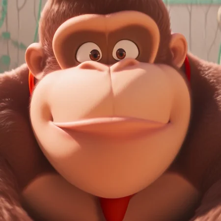 D0nkey_kong, Gorilla, Brown fur, Red necktie, (face shot, face Focus, lips), Brown eyes, realistic, detailed mouth, detailed skin, one raised eyebrown, wide open eyes, half body, lips, kiss, smile