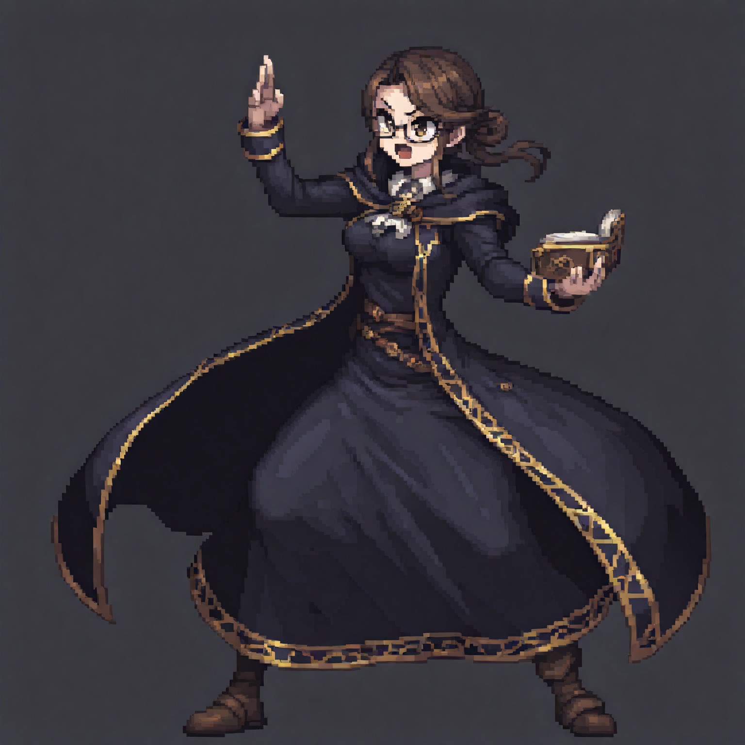 octopath_boss, pixel perfect, pixel art, pixel art style, 16-bit style, retro game graphics, low resolution pixel art, high quality pixel art, detailed pixel art, clean pixel art, sharp pixels, pixelated, square pixels, limited color palette, dithering, clean edges, solo, side view, action pose, 1girl, glasses, robe, scholar, black cloak, yellow trim, overcoat, professor's coat, side view, battle sprite, battle ready, book, open book, flowing robe,