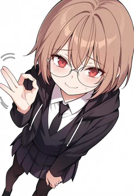 Smooth Quality,masterpiece,very intricate, high quality details, ultra realistic, high detailed skin,detailed enviorement,absurdres,
nervous, nervous smile, money gesture,
<lora:Young-Joo_CNR:0.8> young_joo_cnr, 1girl, brown hair, short hair, red eyes, glasses, young_juniform_cnr, school uniform, black jacket, white shirt, collared shirt, black necktie,hoodie, pleated skirt,black pantyhose, black footwear,, simple background, white background, dutch angle,solo,
