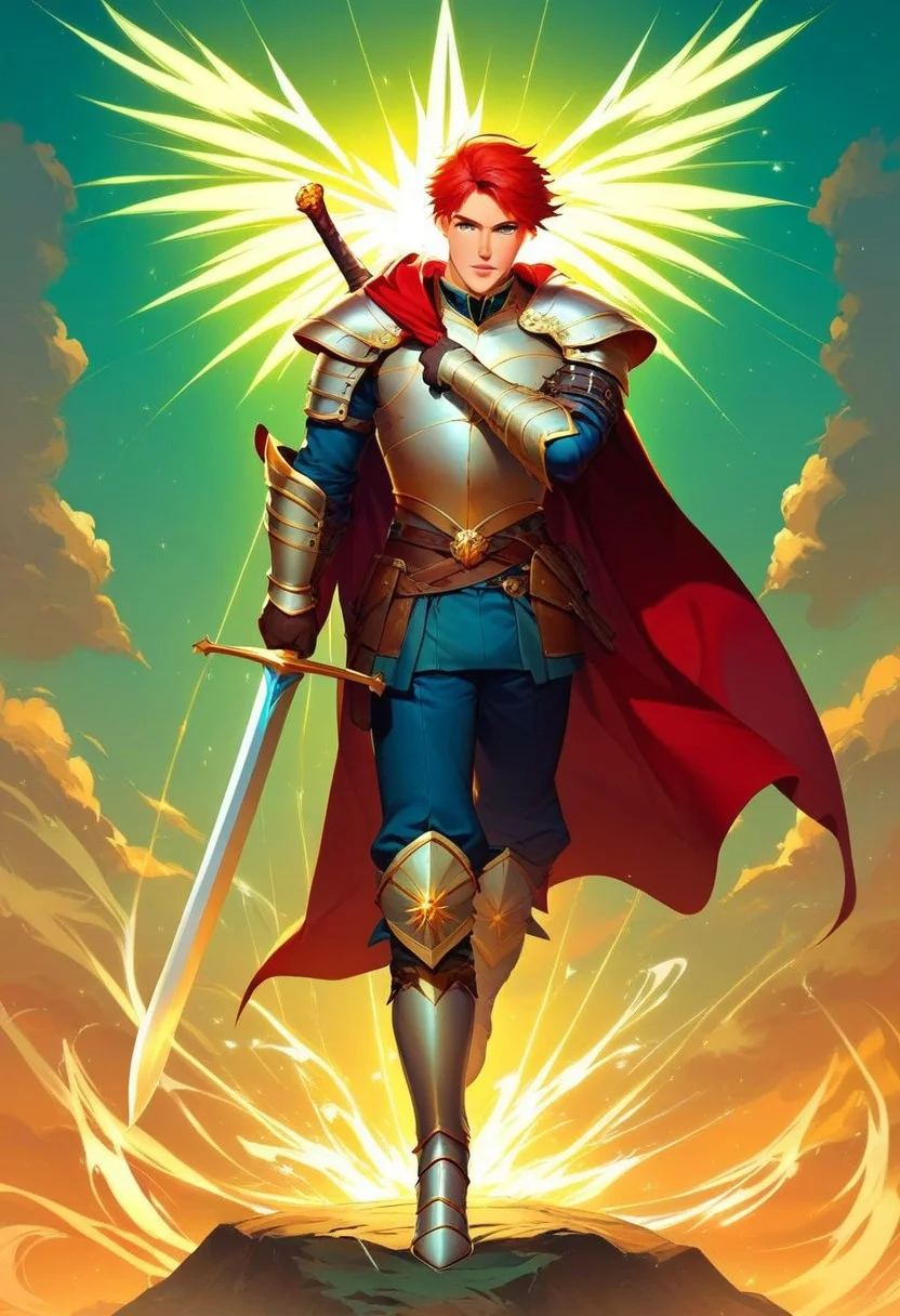 score_9, score_8_up, score_7_up, full body portrait,
BREAK. handsome man, he is dressed in a suit of dark iron platemail.
Break.
he is holding up a white coloured sword. Properly holding the sword by the hilt.
, short red hair, masculin, medium build body,
his armour bears a crest of a green dove.
fantasy armour. stylized silver dove emblems and symbols on armour and sheild.
Break.
epic background is a a beautiful palace. a strong wind is blowing his cape.