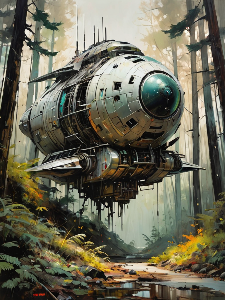 Capture an abandoned spaceship settled in a dense forest, blending Minjae Lee's distinctive styleâmarked by intense colors and dynamic, expressive strokes. Employ heavy, bold brushwork to depict the contrast between the technology's decay and the forest's vitality. Utilize Lee's vibrant palette to highlight the encroachment of nature, with vivid greens, deep browns, and the stark metallics of the spacecraft creating a compelling visual narrative. This oil painting should evoke a sense of both abandonment and natural reclaim, embodying the unique fusion of man-made and natural elements (style of  Jeremy Mann:1.1)