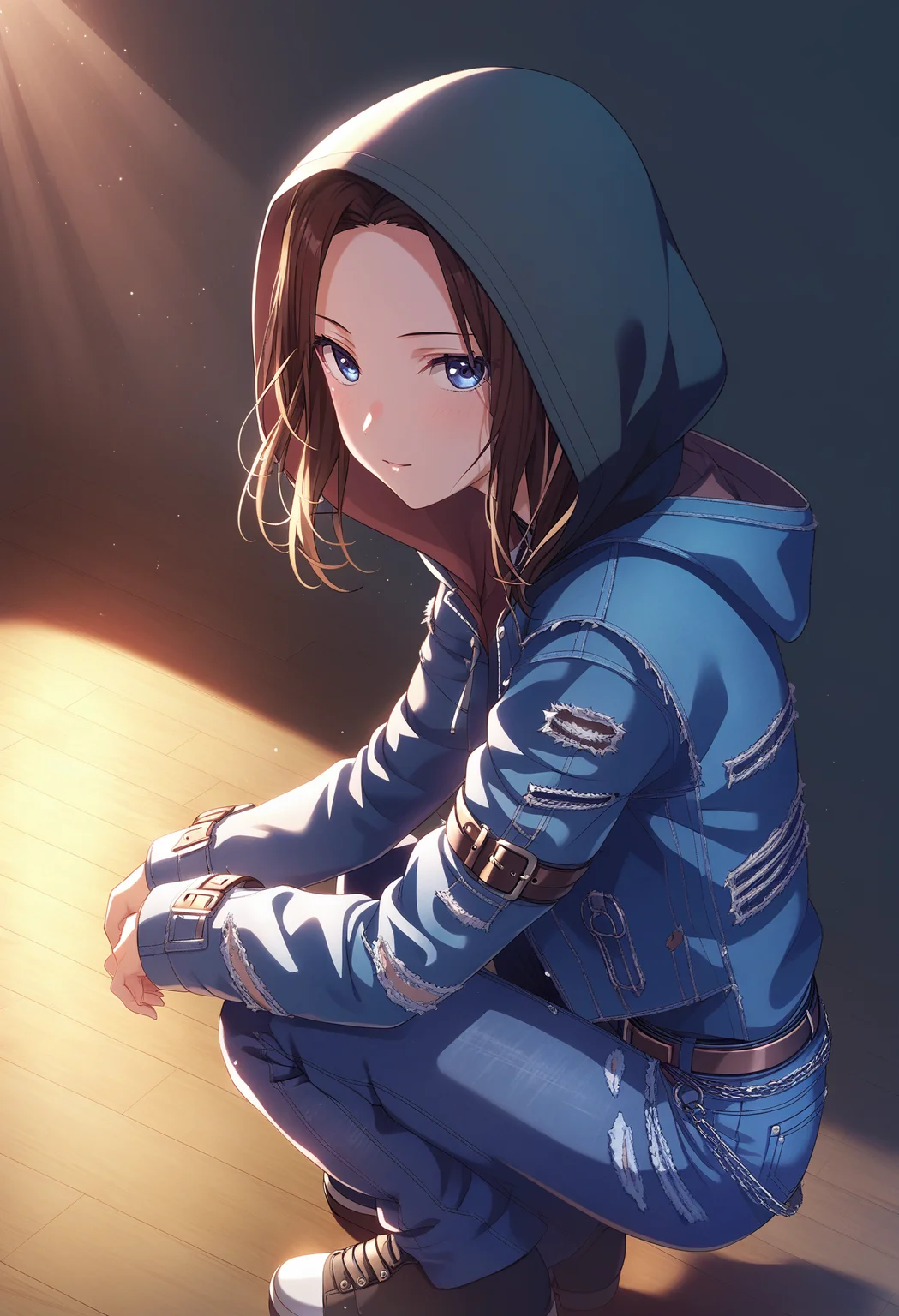 score_9,score_8_up,score_7_up,source_anime,
<lora:LAYER>,maiden,
LAYER,
hood,brown hair,jacket,denim,hood up,blue jacket,blue eyes,hoodie,belt,long sleeves,pants,denim jacket,jeans,
wallpaper,absurdres,masterpiece,squatting,hands on the ground,a slim figure,looking at viewer,
stage,spotlight,