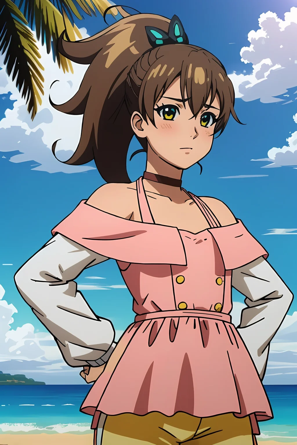 1girl, side tail hair, brown hair, green and yellow eyes, butterfly hairclip, choker, pink dress, white sleeves, yellow (shorts:1.08), daytime, sunlight, (beach background:1.2), hands on hips, :c, blush, looking at viewer, from front, <lora:rinneinaba:0.75>, beautiful character design, perfect eyes, perfect face, expressive eyes, perfect balance,
official art, extremely detailed CG unity 8k wallpaper, perfect lighting, Colorful, Bright_Front_face_Lighting, (masterpiece:1.0),(best_quality:1.0), ultra high res,4K,ultra-detailed, photography, 8K, HDR, highres, absurdres:1.2, Kodak portra 400, film grain, blurry background, professional photograph,
<lora:more_details:0.1>