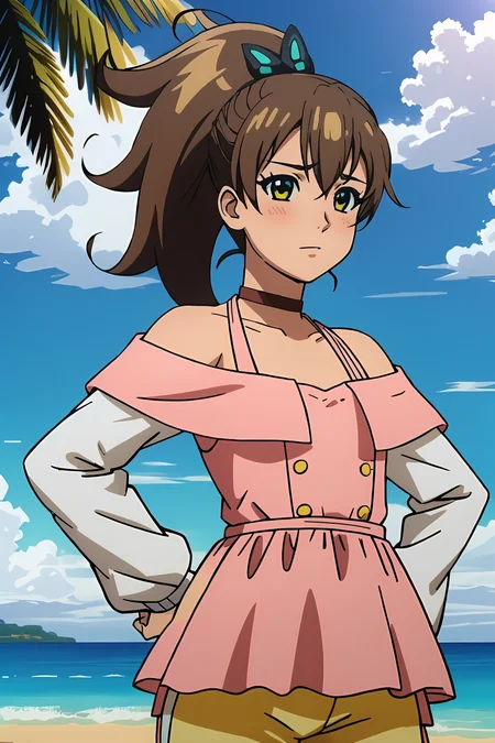 1girl, side tail hair, brown hair, green and yellow eyes, butterfly hairclip, choker, pink dress, white sleeves, yellow (shorts:1.08), daytime, sunlight, (beach background:1.2), hands on hips, :c, blush, looking at viewer, from front, <lora:rinneinaba:0.75>, beautiful character design, perfect eyes, perfect face, expressive eyes, perfect balance,
official art, extremely detailed CG unity 8k wallpaper, perfect lighting, Colorful, Bright_Front_face_Lighting, (masterpiece:1.0),(best_quality:1.0), ultra high res,4K,ultra-detailed, photography, 8K, HDR, highres, absurdres:1.2, Kodak portra 400, film grain, blurry background, professional photograph,
<lora:more_details:0.1>