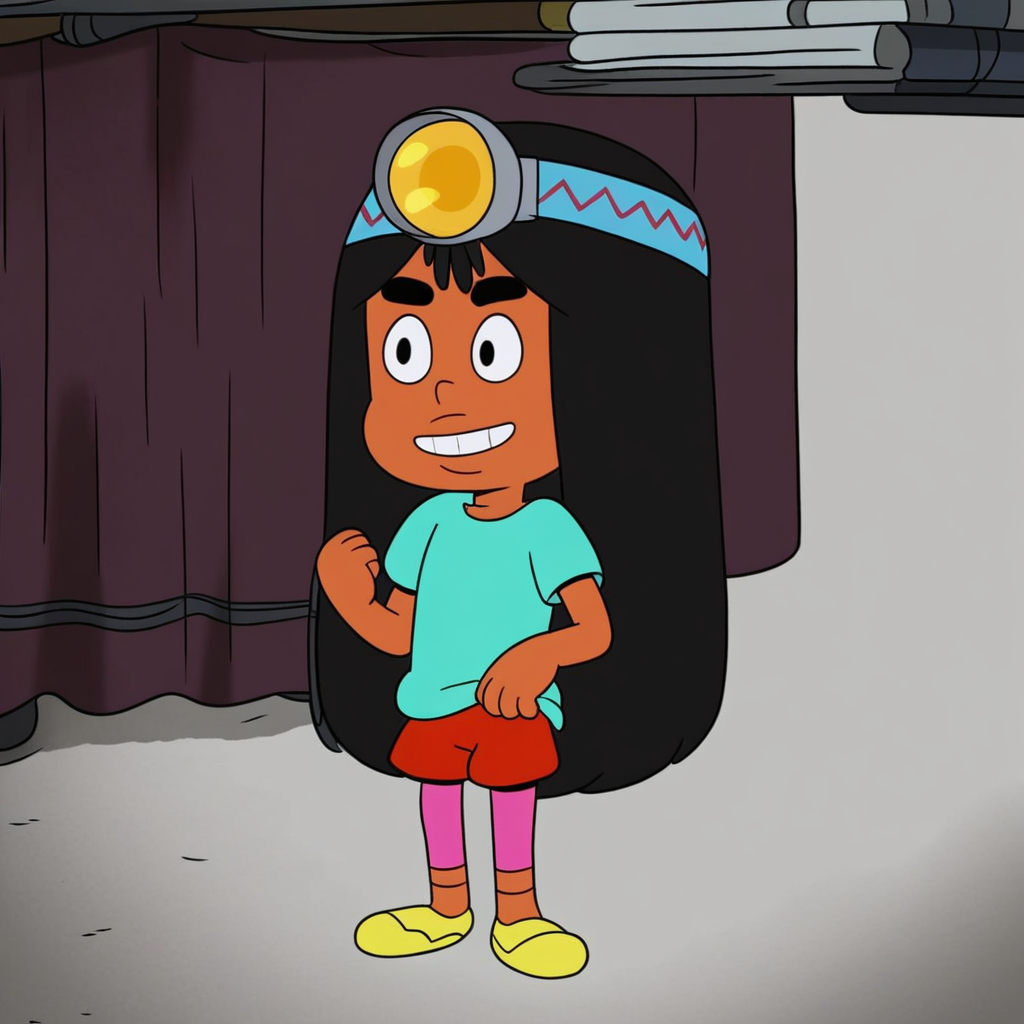 light blue T-shirt, black eyebrows, in a room, short stature, Score_9, Solo, expressive eyes, black hair, headlamp blue with red zigzag pattern, full body, Stacks_CotC, standing, smile, black eyes, 1girl, yellow shoes, pink leggings under shorts, red shorts, long hair