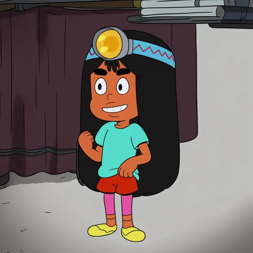 light blue T-shirt, black eyebrows, in a room, short stature, Score_9, Solo, expressive eyes, black hair, headlamp blue with red zigzag pattern, full body, Stacks_CotC, standing, smile, black eyes, 1girl, yellow shoes, pink leggings under shorts, red shorts, long hair