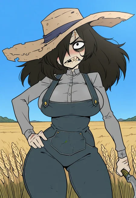score_9,score_8_up,score_7_up,score_6_up,best quality,masterpiece, background is wheat field, blue sky, 1girl, solo,
BREAK
elizabethmm, straw hat, hair over one eye, overalls, grey shirt, black hair, long hair, black eyes, crooked teeth, under eye bags, scars, (annoyed:0.4), large breasts, holding sickle, one hand on hip, looking at viewer, blush