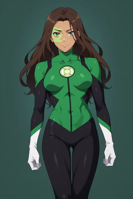 score_9, score_8_up, score_7_up, source anime, prefect lighting, very aesthetic, BREAK,
<lora:jessica_cruz_v1-pdv6:0.9>, 1girl, green lantern, green eyes, brown hair, long hair, dark skin, facepaint, medium breasts,
supcruz, superhero, black bodysuit, green bodysuit, white gloves, white footwear,
BREAK, looking at viewer, light smile,
BREAK,