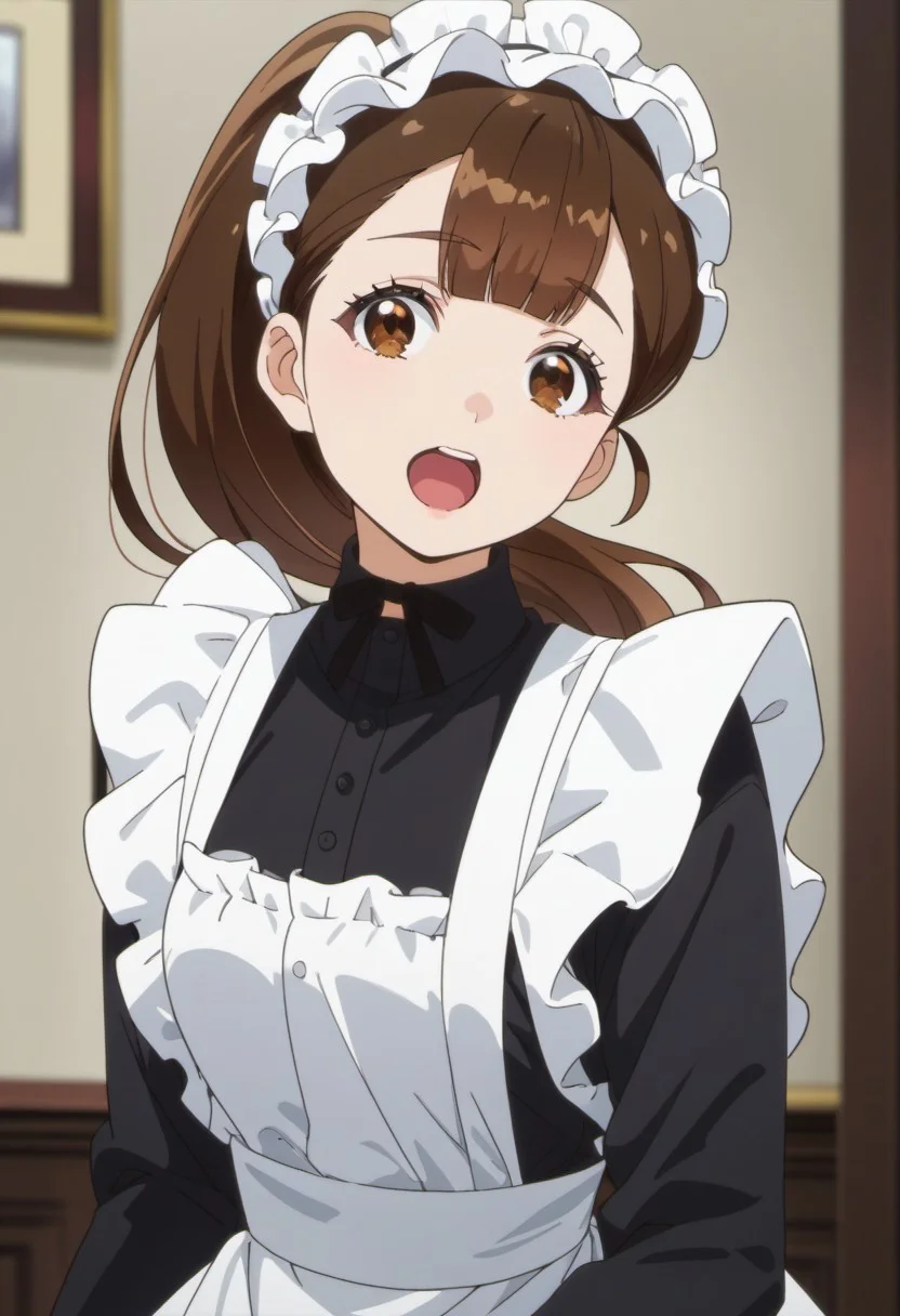 score_9, score_8_up, score_7_up, source_anime, sylvia, brown hair, ponytail, brown eyes, 1girl, solo, maid, maid headdress, open mouth, anime coloring, apron, looking at viewer