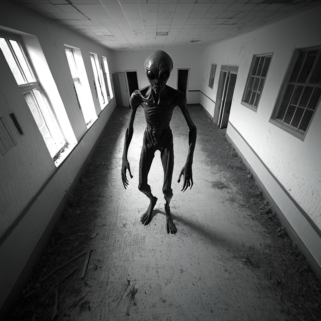 horrorcctvlora, abandoned school, horror (theme), alien, monochrome, dutch angle