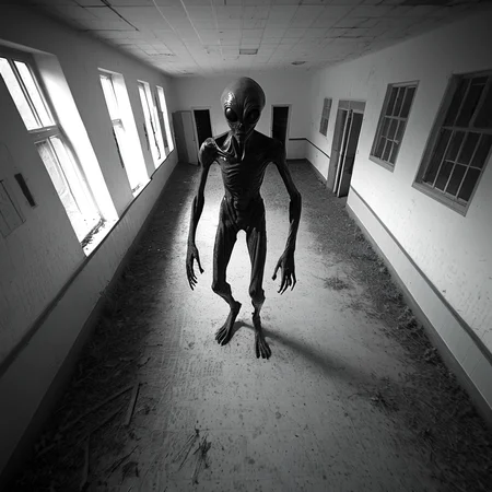 horrorcctvlora, abandoned school, horror (theme), alien, monochrome, dutch angle