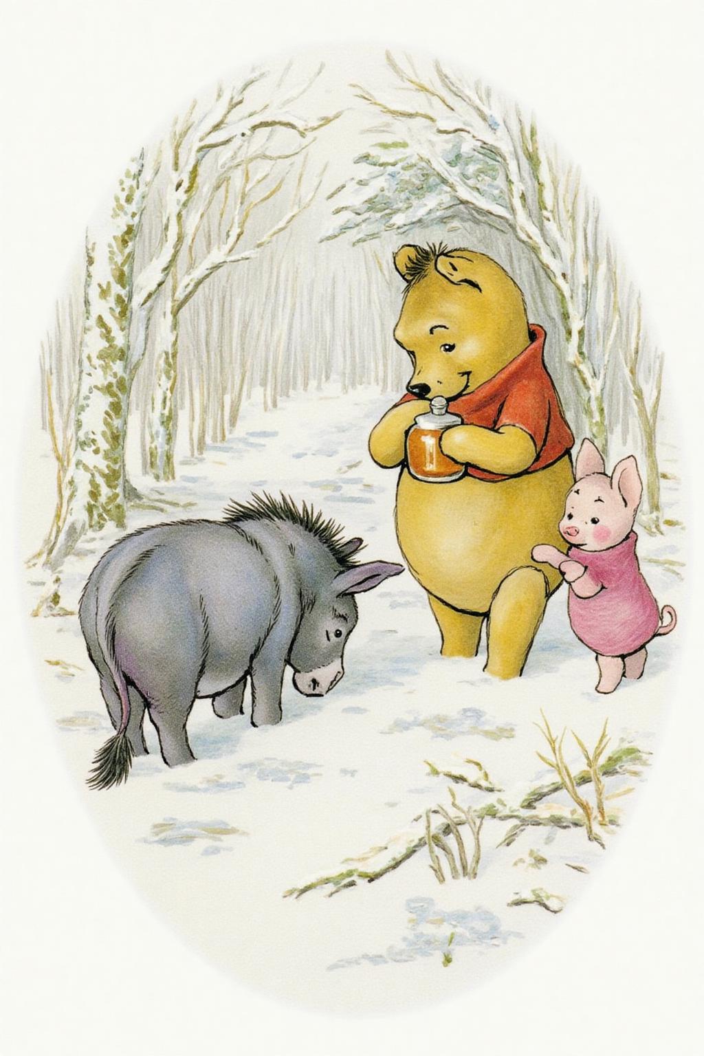 beatrixpotter1 illustration.
ehshep1. three anthropomorphic animals in a snowy forest setting. On the left we see the back view of Eeyore grazing on the ground, its ears drooping slightly, and a small tuft of hair on its head. On the right is Winnie-the-Pooh, holding a jar of honey. Piglet is standing beside Winnie-the-Pooh, <lora:beatrixpotter1_d8a4:1.0><lora:867045076818250307:0>