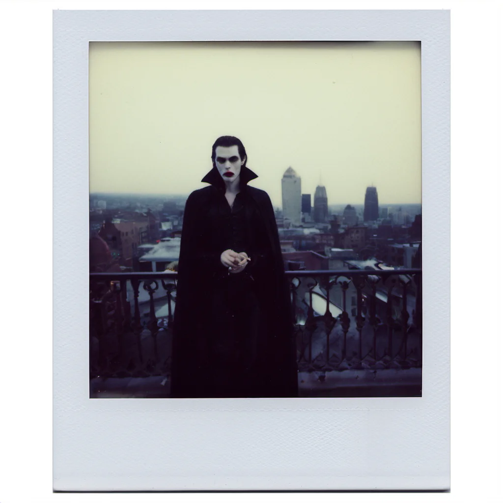 polaroid of A vampire, looking pensively at the city skyline from a gothic balcony. <lora:Polaroid_XL:1>