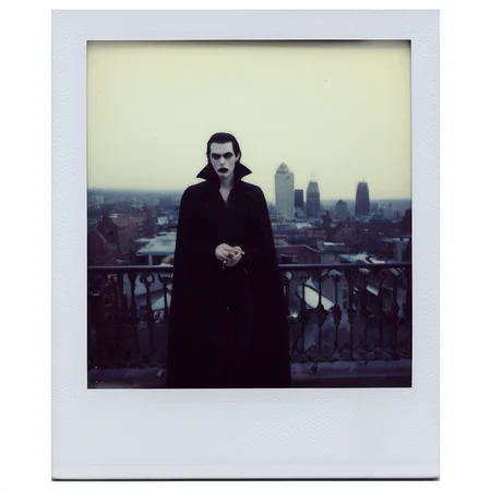 polaroid of A vampire, looking pensively at the city skyline from a gothic balcony.  <lora:Polaroid_XL:1>