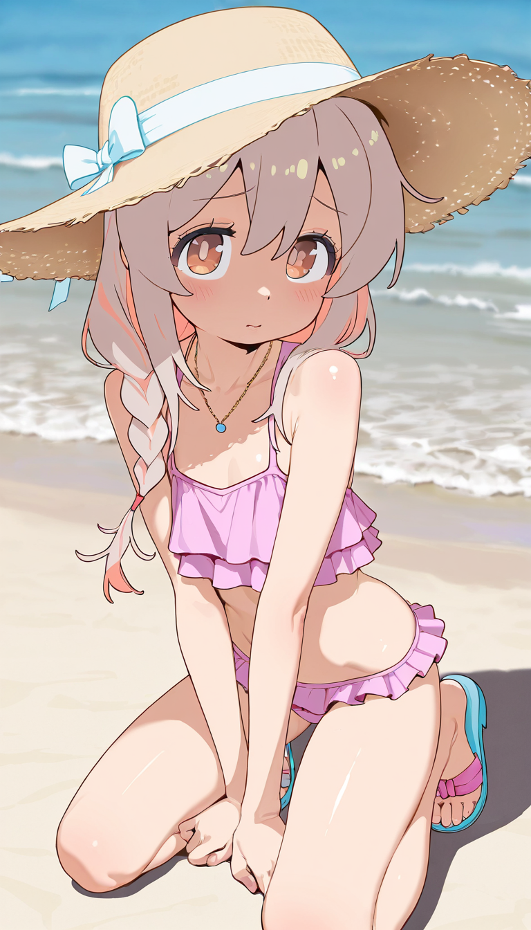 (masterpiece, best quality), amazing quality, very aesthetic, absurdres, highres, newest, HDR, 8K, high detail RAW color art, intricate details, high contrast, detailed background, beautiful detailed, beautiful face, blight face, large pupil, eyelashes, brilliant skin, shiny skin,
1girl, solo, oyama mahiro, brown eyes, long hair, braid, pink bikini, frilled bikini, (hat:1.2), necklace, sandals, beach,