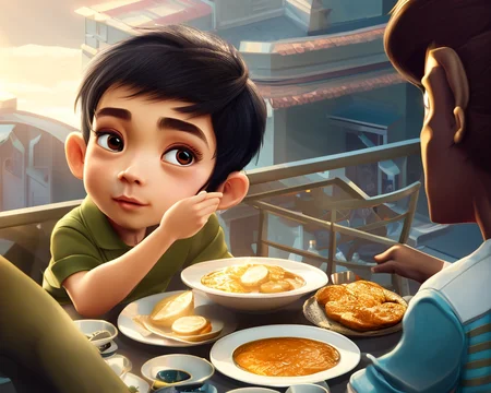 a young man in a street cafe in the asian town, cartoonish_doll