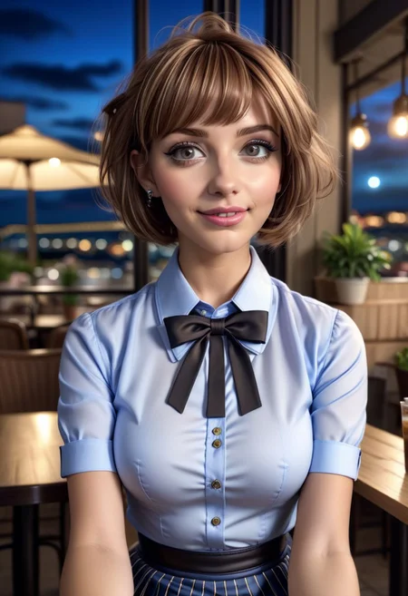 (8k, RAW photo, best quality, masterpiece:1.2), (realistic, photo-realistic:1.37), ultra-detailed,
1 girl, cute, solo, beautiful detailed sky, detailed cafe, night, sitting, dating,(smile:1.1),(closed mouth)
medium breasts, detailed face, detailed eyes, (collared shirt:1.1), bowtie, pleated skirt, (short hair:1.2),