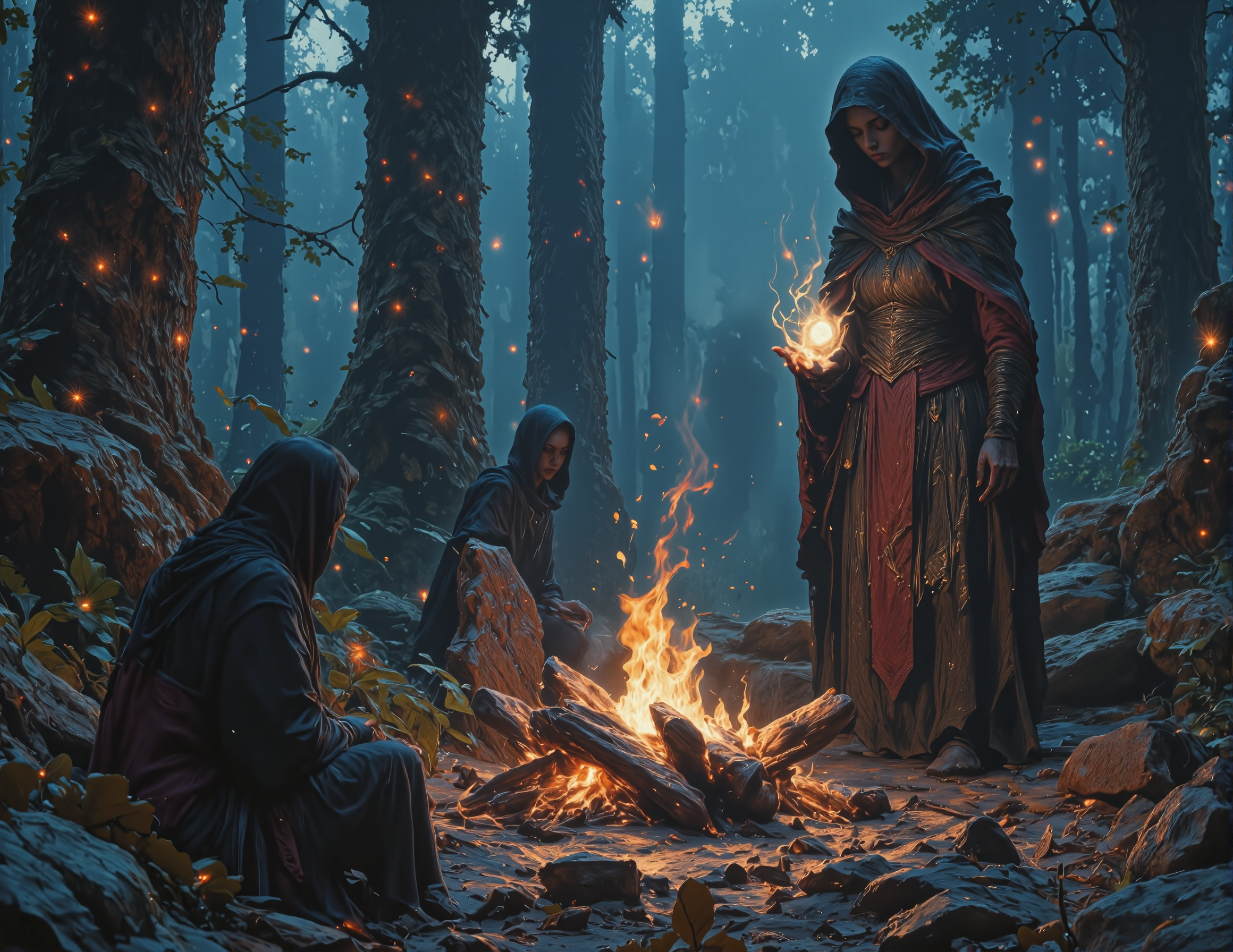 CGI image of retro fantasy landscape, The image has a retro fantasy aesthetic with oil panting influences. It takes in a dark forest, in a dark fantasy setting. Two women gathered around campfire. One woman is a dark sorceress, casting a spell from her hand. The other woman watches, learning. The overall image is embued with a sense of deep unease as the magic conjures strange lights that scatter through the scene.