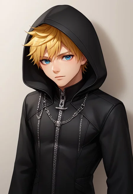 score_9, score_8_up, source_anime, highly detailed, upper body,
roxas, 1boy, solo, blue eyes, blonde hair, hood, hood up, hood on, zipper, black footwear, long sleeves, gloves, black pants, upper body, coat, long coat,