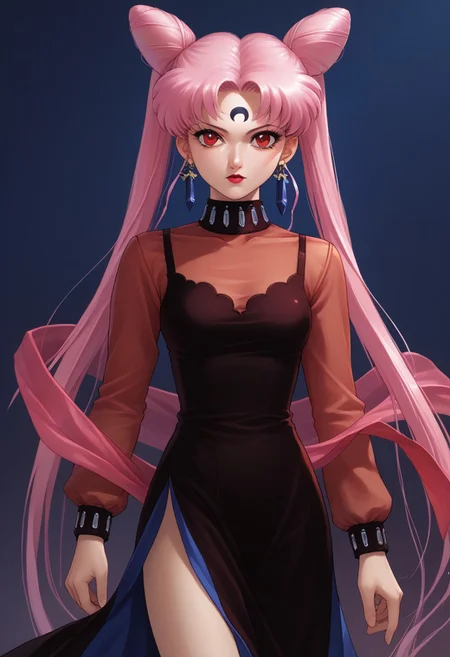 score_9,score_8_up,score_7_up, (90s anime style:2.0), masterpiece, best quality, 1girl, black lady, 1girl, solo, long hair, red eyes, dress, twintails, jewelry, very long hair, pink hair, earrings, hair bun, see-through, double bun, makeup, facial mark, lipstick, crescent, side slit, aged up, forehead mark, cone hair bun, crescent facial mark, crystal earrings