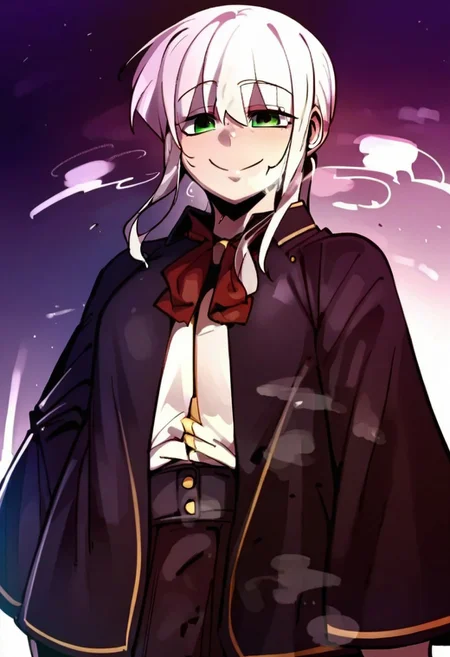 score_9, score_8_up, score_7_up, score_6_up, source_anime, rating_explicit, 1girl, solo, medium breasts, cleavage, smile, Narrow shoulders, heavy breathing, steaming body, looking at viewer, standing, curvy, EvangelineCross, green eyes, white hair, long hair, school uniform, doppel style