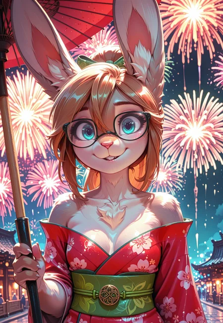 safe_pos, masterpiece, best quality, speed, solo, Maddy, 1girl, furry female, rabbit girl, rabbit ears, animal nose, long hair, brownhair, ponytail, hair bow, glasses, blue eyes, body fur, two-tone fur, grey fur, white fur, chest fur, freckless, small breasts, red kimono, fabulous yukata, shiny silk kimono, off-shoulder kimono, floral print, floral pattern, green wide belt, oil-paper umbrella, red umbrella, see-through silhouette, see-touch umbrella, looking at viewer, shy smile, action, dynamic, legend, whitewash, reflecting in glasses, fireworks reflected in glasses, see-touch umbrella background, fireworks festival, night, back light, rim lighting, high-definition, masterpiece, best-quality, 4k, 2k, aburdres, rdf01, toon \(style\).

