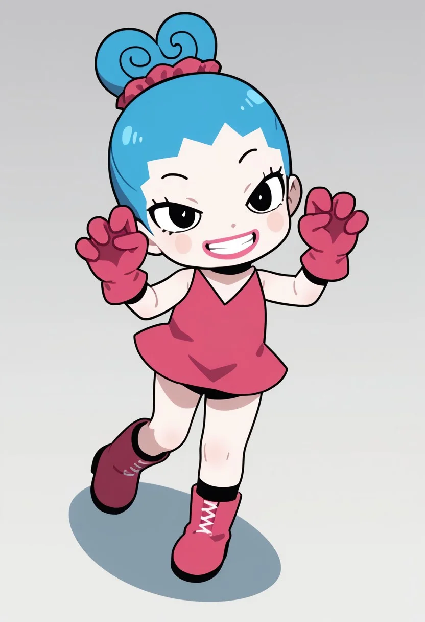 score_9, score_8_up, score_7_up BREAK RingRingP, 1girl, light blue hair, pink scrunchie, pale skin, black eyes, pink circle blush, pink lipstick, sleeveless v-neck pink dress, pink gloves, white-laced pink boots, evil smile, full body, cute pose, evil grin, anime, source_anime,