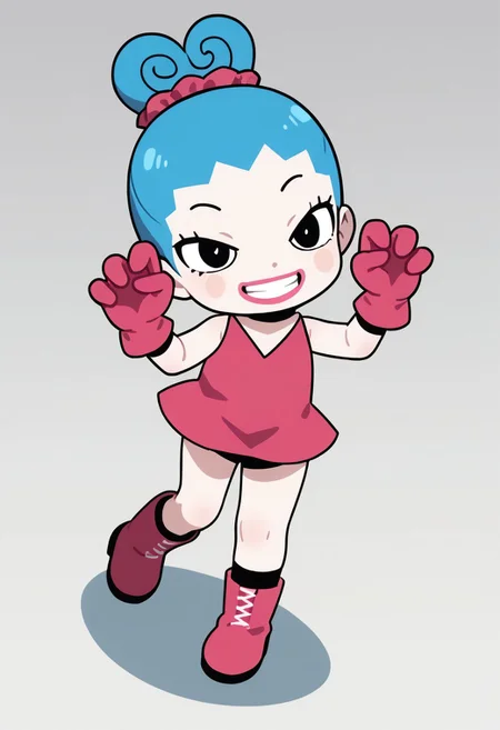 score_9, score_8_up, score_7_up BREAK RingRingP, 1girl, light blue hair, pink scrunchie, pale skin, black eyes, pink circle blush, pink lipstick, sleeveless v-neck pink dress, pink gloves, white-laced pink boots, evil smile, full body, cute pose, evil grin, anime, source_anime,