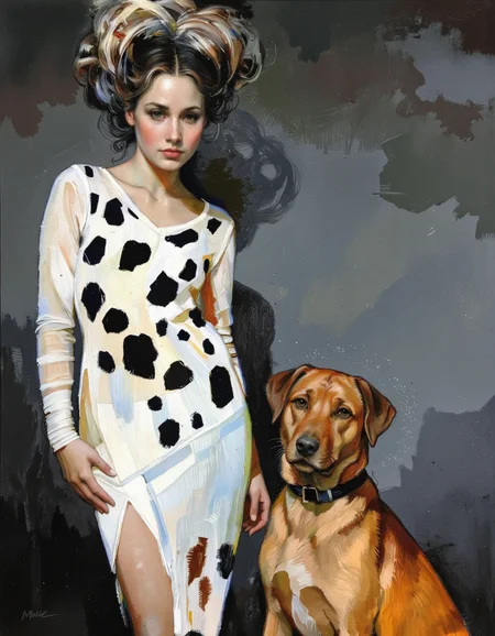 By Donna Young.
A modern painting abstract. Acrylic painting featuring a stylized, almost with a surrealistic influence of a woman and a dog. The woman is standing on the left side of the image, with her body slightly turned to the side. She is wearing a white dress with black spots on her body and her hair is styled in a voluminous, curly manner. The dog is on the right side, with its head turned towards the woman. The background is a dark grey color, and the overall mood of the painting is somber and contemplative. The painting is done in a realistic style, with loose brushstrokes and vibrant colors.