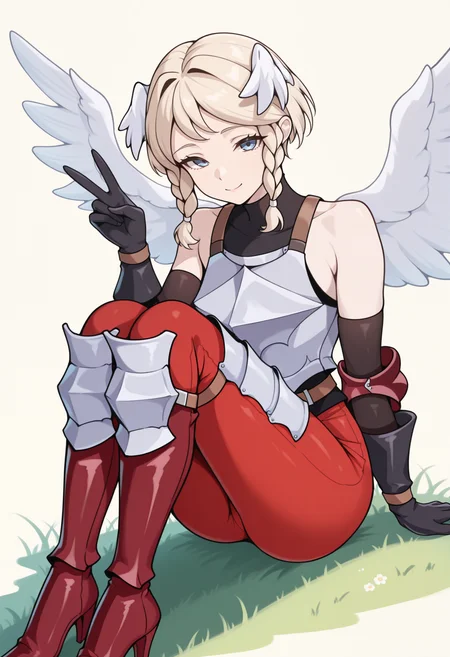 masterpiece, best quality, 1girl, solo, sitting, knees up, v, looking at viewer, smile, <lora:OchlysUO-illu:1> ochyls, blonde hair, short hair, twin braids, head wings, blue eyes, angel wings, black turtleneck, breastplate, bare shoulders, detached sleeves, elbow pads, black gloves, brown belt, red pants, leg armor, knee boots, high heel boots, red footwear, simple background, grass, yellow background