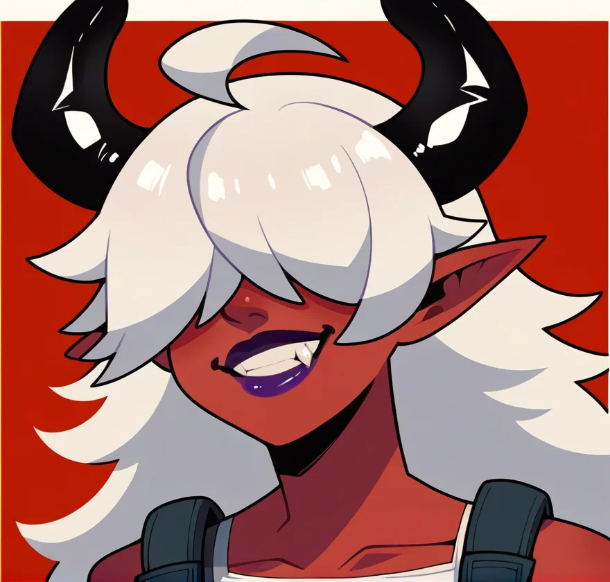 score_9, score_8, score_7_up, female, solo, 1girl, head only,
<lora:Fortnite_Desdemona:0.8>, Desdemona, red skin, hair over eyes, long hair, white hair, large ahoge, black horns, pointy ears, smile, spiky teeth, round lips,
white shirt, black overalls, bare shoulders, purple lipstick,
multicolored background, close-up, face focus,