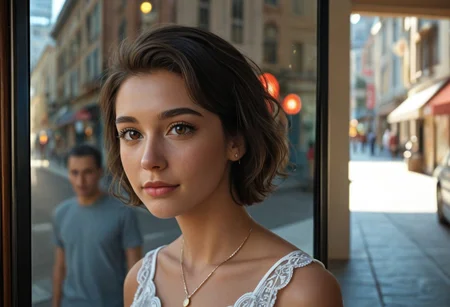 A heartfelt, ultra-detailed reunion between a 1boy and 1girl, both in their late 20s, seeing each other for the first time in years. The moment is filled with deep emotion—joy, nostalgia, and the weight of time.
The woman is petite, with dark short hair, a small waist, and pronounced curves, her expression glowing with happiness yet touched by the quiet wisdom of experience. The man, a bit taller with a slim frame, mirrors her emotions, his face revealing both delight and the burdens of his journey. Their professions remain a mystery, but their postures and subtle details hint at lives filled with responsibility.
Set against a softly blurred, atmospheric backdrop—perhaps a bustling city street, a quiet park, or a familiar café—the world fades behind them as they reconnect. Their gazes lock, emotions conveyed through delicate body language and nuanced facial expressions, capturing the beauty of a long-awaited reunion.
Cinematic lighting, ultra-realistic facial details, emotional storytelling, warm and intimate atmosphere, expressive eyes, natural pose, SFW.