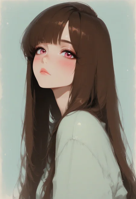 high_quality, highres, detailed_eyes, beautiful, detailed, masterpiece, best quality, absurdres, 8k, HDR, face_focus, 
1girl, blush, looking at viewer, swept_bangs, side_bangs, hair_slicked_forward, messy_hairdo, very_long_hair, brown hair, pink eyes, retro,  grunge
<lora:ppw_v7_animv4_1_r2:0.6> <lora:748cm_illu:0.6> 7481llu <lora:69yottea_illu_v2:0.4> <lora:illustrious_all_rated_v1:0.6> masterpiece, best quality, very aesthetic, absurdres <lora:RetroAnime:0.8> In the style of Jedrta, retro anime