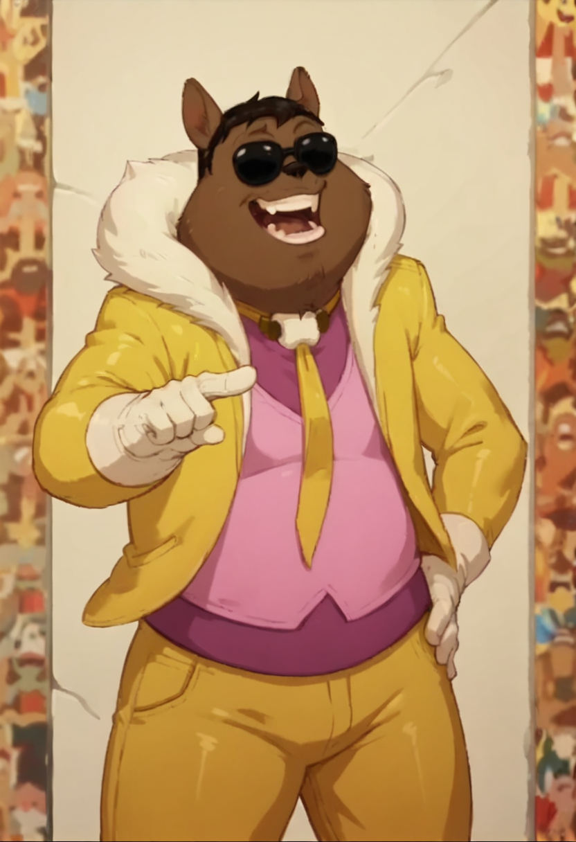 <lora:DofusAnnouncerPony1.2:0.8> announcer, solo, pink shirt, white gloves, yellow jacket, fur collar, 1boy, necktie, lips, sunglasses, smile, furry male, score_9, score_8_up, score_7_up, score_6_up, score_5_up, score_4_up, looking at viewer, hand on own hip, cowboy shot,white background,  background, holding microphone, open mouth, pointing,