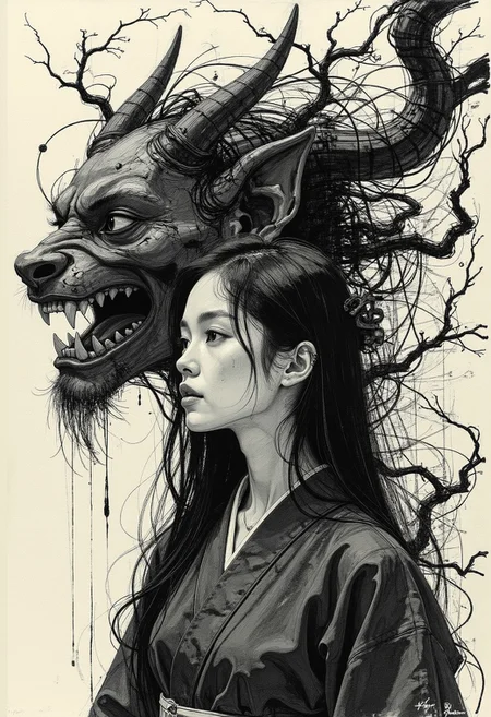 vantablack, Graphite monochrome art in the style of ck-ccd, highly detailed digital artwork merging traditional Asian aesthetics with a modern avant-garde approach. The central figure is a young woman with a fair complexion, her long, straight black hair fading into deep graphite shadows. She wears a traditional Japanese kimono, stripped of all color, rendered entirely in graphite tones with sharp, high-contrast shading. Subtle tonal variations define intricate patterns, enhancing the depth of the fabric. Her expression is serene yet enigmatic, hands resting lightly on her forehead in silent contemplation.
Behind her, an ornate mythical mask looms, its fierce expression carved in heavy graphite strokes. Hollow eyes, sharp horns, and a gaping maw emerge from the darkness, rendered with deep shading that creates an ominous yet detailed presence. Swirling patterns and stylized trees dissolve into abstract tendrils, forming a dreamlike, mythical realm. The composition is stark yet balanced, the monochrome forms intensified by deep contrasts. This fusion of traditional Asian art and graphite technique crafts a haunting, timeless vision.