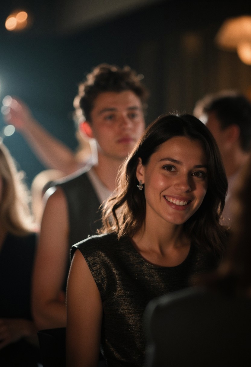 Photo, taken from a phone, of friends having fun at the disco. at a distance, half or full body in frame. Grainy, blurry, candid Kodak easyshare snapshot, out of focus and out of frame. No hands visble. Semi formal clothes cinematic_1940s cinematic_octane