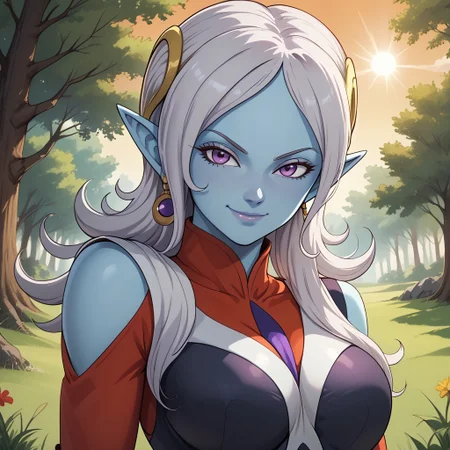 score_9, score_8, BREAK, 1girl, towa(dragon ball), pointy ears, colored skin, blue skin, long hair, purple eyes,white hair, hair ornament, jewelry, sexy pose, self portrait, smile, outdoors, sunlight, shadows, evening lighting, natural lighting, forest, trees, grass, orange sky, sunset
