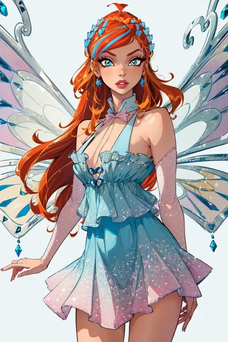 (Bloom:1.5), (blue gradient dress:1.2), fairy wings, orange hair, blue eyes, sparkling outfit, (solid white background, white background:1.5), (realistic:1.2), (masterpiece:1.2), (full-body-shot:1),(Cowboy-shot:1.2), neon lighting, dark romantic lighting, (highly detailed:1.2),(detailed face:1.2), (gradients), colorful, detailed eyes,, (natural lighting:1.2), solo <lora:WinxClubEnchantixBloom-10:0.9> <lora:add_detail:0.3> <lora:BeautifulEyes:0.6>