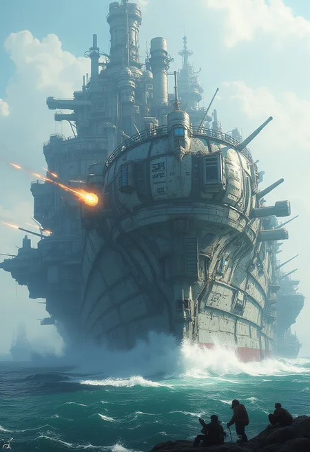 highly detailed cinematic photo, a huge cyberpunk ship with a big castle on top of it, shooting cannons at a smaller ship