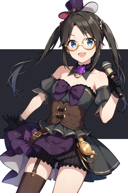 score_9, score_8_up, score_7_up, source_anime, <lora:mitsumine_yuika_XL:0.9>, yuikamitsumine, 1girl, solo, black hair, long hair, twintails, top hat, mini top hat, mini hat, goggles on headwear, blue eyes, monocle, yellow-framed eyewear, gears, black dress, strapless dress, pleated dress, purple bow, detached sleeves, puffy sleeves, short sleeves, puffy short sleeves, black sleeves, vertical-striped sleeves, bare shoulders, detached collar, black collar, purple choker, frilled choker, neck flower, rose, brown corset, purple skirt, half-skirt, frilled skirt, black shorts, frilled shorts, vertical-striped shorts, brown thighhighs, vertical-striped thighhighs, single thighhigh, single garter strap, underbust, black gloves, shorts under skirt, shorts under dress, pocket watch, microphone, holding microphone, looking at viewer, open mouth, cowboy shot, stage