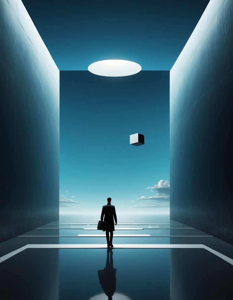 Minimalist style <lora:CivitAI__Style_Fusion_-_FFusionAI_Entry_64DIM:0.75> FFusionAI Style, CivitAI,a man is walking through a dark tunnel, surreal 3 d render, open portal to another dimension, cube portals, abstract surrealism, surrealism 8k, avantgarde 4k wallpaper, gateway to another dimension, portal to another dimension, surrealism background, 4 k surrealism, neosurrealism digital art, surreal digital art, surreal composition, retrofuturist liminal space . Simple, clean, uncluttered, modern, elegant