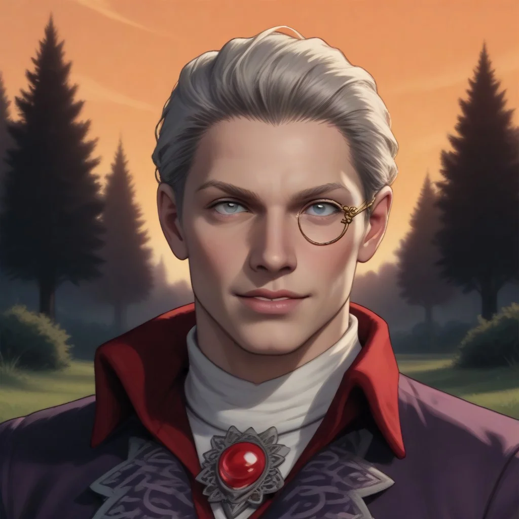 1boy, male focus, solo, realistic, (looking at viewer, soft smile), standing, looking at viewer,Sparda, white hair, short hair, grey eyes, monocle, purple coat, brooch, portrait,
BREAK, Garden, sunset, orange sky, purple sky,