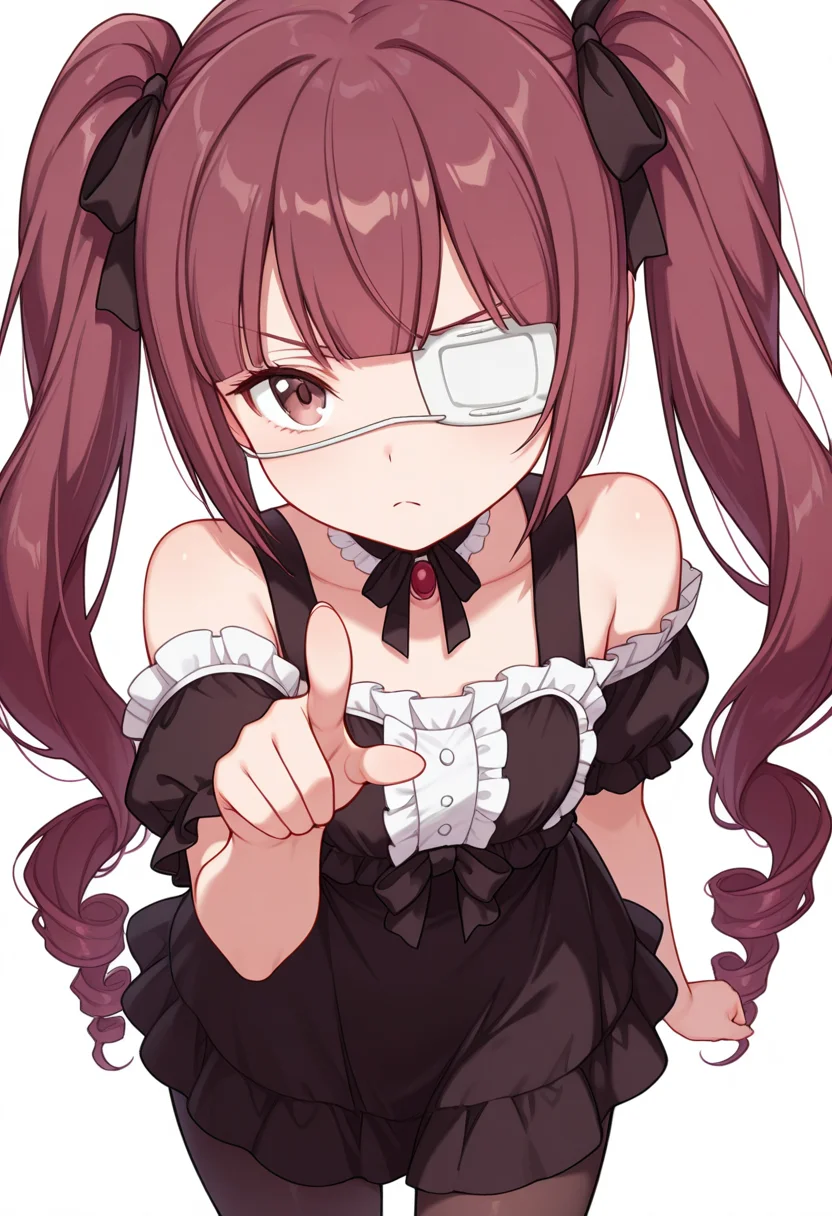 Smooth Quality,masterpiece,very intricate, high quality details, ultra realistic, high detailed skin,detailed enviorement,absurdres,
pointing at viewer,
<lora:Hanazono_Yurine_CNR:0.8> yurine_cnr, brown hair,very long hair, brown eyes, medical eyepatch, frown, twintails, drill hair,, simple background, white background, front view,solo,, pain,, off-shoulder top, ,peacoat, ,pantyhose, ,