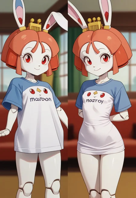 1girl, solo, (Tokugawa Usako, rabbit girl, white skin, ((android)), doll joints, petite, skinny:1.3), score_9, score_8_up, score_7_up, score_6_up, score_5_up, score_4_up, chibi, short legs, rabbit tall, slightly smil, small breasts, thin waist, smile, red eyes, blurry background, out of focus, Expressiveh, looks at the viewer, pajchall, multiple views, t-shirt, arms behind back,