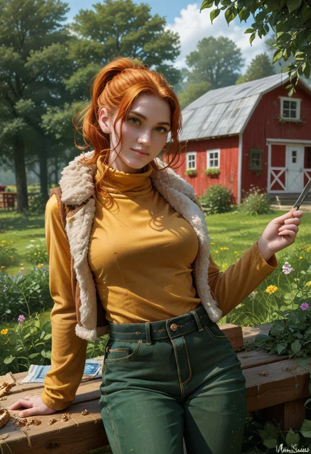score_9, score_8_up, score_7_up,, high res ima , source_photo, source_real, (realistic:1.4),
1girl, cowboy shot, solo, , working,
outdoors, farm, garden, <lora:Robin_-_IL:0.8> Robin_SDV, green eyes, orange hair, ponytail, yellow turtleneck, green pants, brown vest, fur trim, masterpiece, best quality, good quality, newest, knee up